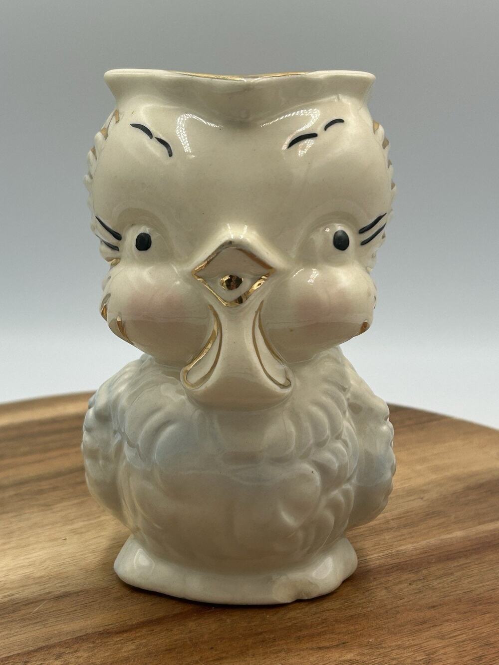 Vtg Shawnee Pottery Owl Chick Pitcher 1940s Kitschy Creamer Hand Painted 6” Blue